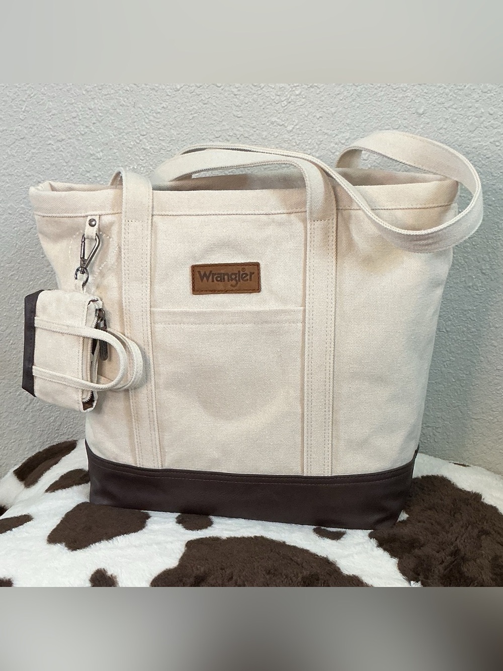 Wrangler Cream and Brown Canvas Tote with Leather Bottom